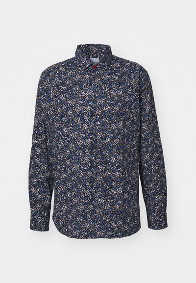 Camisa de mangas longas em azul e preto com um padrão floral. Apresenta um colarinho botton-up e botões na parte frontal. Feita de um tecido leve.