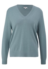 Pull-over bleu doux à col en V et manches longues avec poignets et ourlet côtelés, texture tricot moyenne, coupe décontractée.