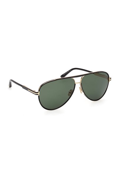 Lunettes de soleil style aviateur avec des verres verts foncés et une monture fine en métal noir et or sur un fond blanc.
