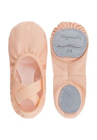 Rosa Ballettschuhe aus Canvas mit elastischen Riemen, runder Zehenform und weicher grauer Wildledersohle. Größe 29 auf der Sohle markiert. Flaches Design.