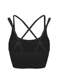 Czarny stanik sportowy o teksturowanym wykończeniu, z regulowanymi ramiączkami krzyżującymi się na plecach oraz szerokim ściągaczem. Posiada bezszwową konstrukcję dla komfortu.
