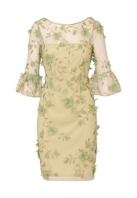 Abito verde lime ricamato con fiori, con maniche lunghe trasparenti, polsini arricciati e silhouette aderente, caratterizzato da intricati motivi a foglia e dettagli.