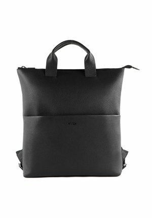 Black leather backpack with textured finish, dual top handles, zip closure, and front pocket. Minimalist design with subtle branding.