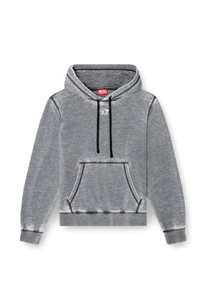 Felpa grigia in cotone con tasca frontale, coulisse nera, polsini a coste e cuciture a contrasto. Presenta un'etichetta con logo sul collo.