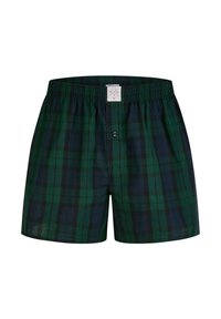 Kostkované boxerky se zeleno-námořnickou kostkovanou vzorovací, vyrobené z měkké látky s elastickým pasem a jedním knoflíkem na zapínání.