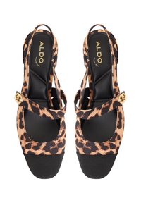 Leopard print slingback shoes with black accents, featuring a wide strap, gold hardware, and padded footbed for comfort.