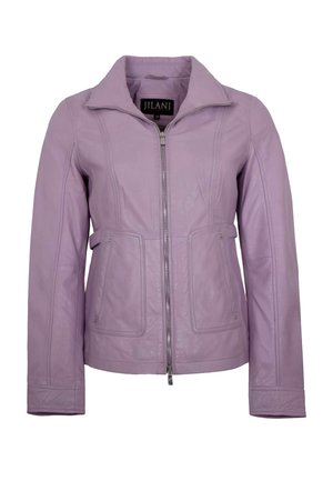 Fliederfarbene Lederjacke mit Frontreißverschluss, zwei Fronttaschen mit Knopflaschen, langen Ärmeln und einem Kragen, Größe 38 von Jilani.