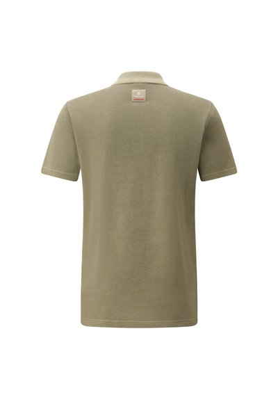 Olive green polo shirt with short sleeves, a collar, and a textured fabric. Features a small brand label on the upper back.