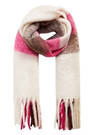 Soft wool scarf with broad stripes in cream, pink, and brown, featuring fringed ends.