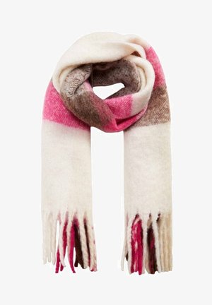 Blød uldhalstørklæde med brede striber i creme, pink og brun, med frynser i enderne.