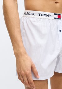 Λευκά μποξεράκια με ρίγες και ελαστική μέση με το λογότυπο "HILFIGER" και "TOMMY". Κλείνει με κουμπί, που έχει μπλε λεπτομέρεια.
