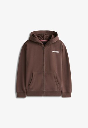 Brown zip-up hoodie with a drawstring hood, two front pockets, ribbed cuffs, and a small logo on the chest. Smooth fabric texture.