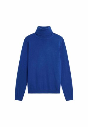 Langärmeliger blauer Rollkragenpullover mit gerippten Bündchen und Saum, auf weißem Hintergrund dargestellt.