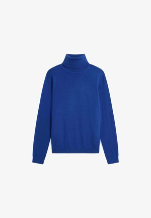 Langärmeliger blauer Rollkragenpullover mit gerippten Bündchen und Saum, auf weißem Hintergrund dargestellt.