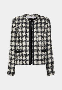 Veste en tweed noir et blanc avec un col rond, devant ouvert, manches longues et deux poches avant.