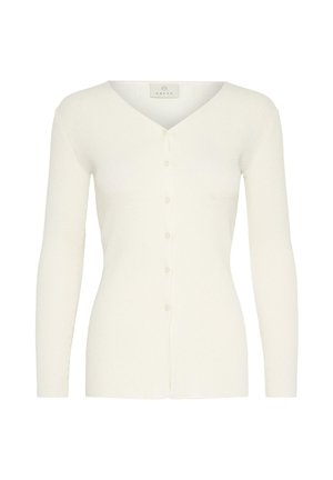 Cardigan alb din tricot cu model în dungi, mâneci lungi, decolteu în V și închidere frontală cu nasturi.