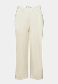 Pantalon beige à jambes larges en tissu lisse avec une taille ajustée, des poches latérales et un bord ourlé. Design minimaliste sans motifs visibles.