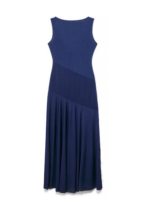 Ärmelloses, bodenlanges dunkelblaues Kleid mit diagonaler Naht und plissiertem Rockteil, flach von hinten dargestellt.