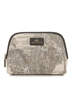 Beige fabric pouch with intricate silver floral pattern, rounded top, black zip closure, and a embossed black leather label.