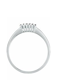 Silberring mit einem glatten Band, das vier runde Edelsteine in einem vertikalen Krallen-Design umfasst. Polierte Oberfläche, minimalistischer Stil.