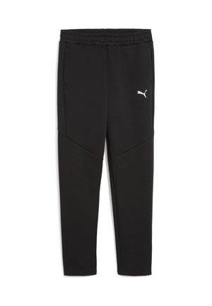 Pantalons de sport noirs avec une texture lisse, taille élastique et deux poches latérales. Présente un logo Puma blanc sur la hanche gauche.