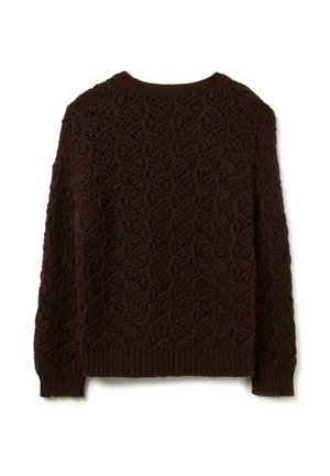Maglione marrone lavorato a maglia con un motivo a foglia testurizzato, scollatura rotonda e polsini e orlo a coste. Realizzato in un filato spesso e morbido.