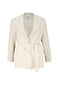 Beige Leinenblazer mit vertikalen Streifen, Reverskragen und einem Bindegürtel. Verfügt über zwei Vorderseiten Taschen und einen Verschluss mit einem einzigen Knopf.