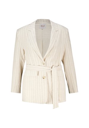 Beige linnen blazer met verticale strepen, reverskraag en een strikceintuur. Heeft twee voorkruimelzakken en een enkele knoopsluiting.