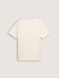 Camiseta de manga corta color crema hecha de algodón suave. Presenta un escote redondo y un diseño sencillo y sin adornos.