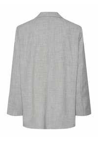 Jasnoszara marynarka z subtelną lnianą fakturą, usztywnionym kołnierzem i rękawami do ćwiartki; prosty i dopasowany krój.