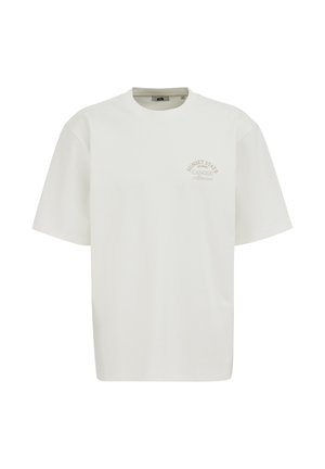 T-shirt blanc à manches courtes avec col rond et petit texte délavé "Sunset State of Mind Canggu" sur la poitrine gauche.