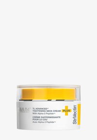StriVectin TL Advanced Tightening Neck Cream in een doorzichtige pot met een gele deksel, met een witte label met zwarte tekst en logo-accenten.