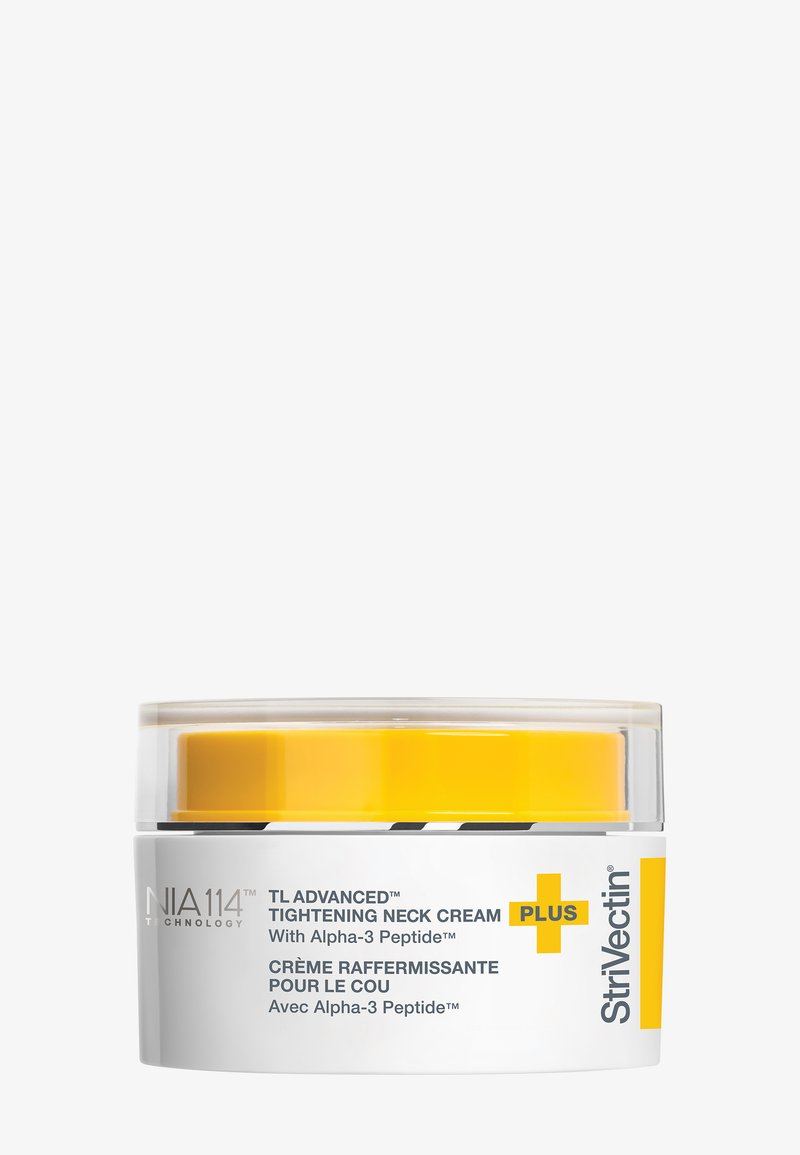 StriVectin TL Advanced Tightening Neck Cream in een doorzichtige pot met een gele deksel, met een witte label met zwarte tekst en logo-accenten.