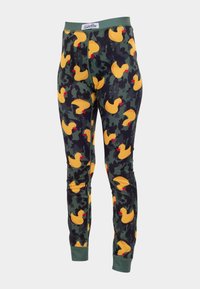 Leggings with a dark green camo pattern featuring yellow rubber ducks with red accents. Stretchy fabric and ribbed cuffs at the ankles.