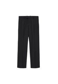 Pantaloni neri con un design a gamba dritta. Realizzati in tessuto a trama, presentano pieghe, un bordo vita con passanti per cintura e nessuna tasca visibile.