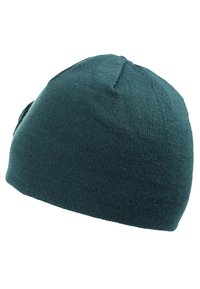 Tmavomodrá pletená čiapka v tvare beanie s jednoduchou, hladkou textúrou a zaobleným tvarom, zobrazená z bočného uhla na bielom pozadí.