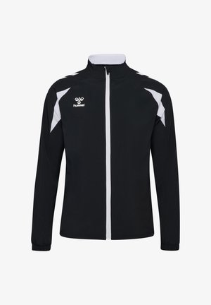 Zwart sportjack met ritssluiting en witte accenten op de schouders en zijkanten, met het Hummel-logo op de linkerborst.