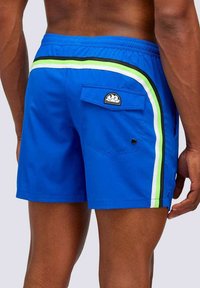 Pantaloni da bagno blu con un design semplice, caratterizzati da strisce verdi e nere lungo i lati, una tasca posteriore e una patch con il logo vicino alla tasca.