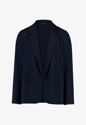 Schwarzer, maßgeschneiderter Blazer mit Kerbkragen, langen Ärmeln und zwei vorderen Leistentaschen, vor weißem Hintergrund präsentiert.