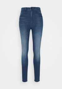 Smala jeans i mörkblå denim, med hög midja, framfickor, dragkedja och en lätt blekning på låren för en gradienteffekt.