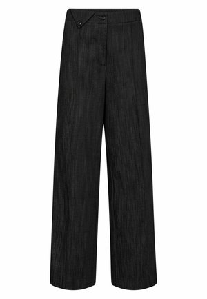 Wide-leg dark gray pants with a high waist and buttoned asymmetrical tab detail on the waistband.