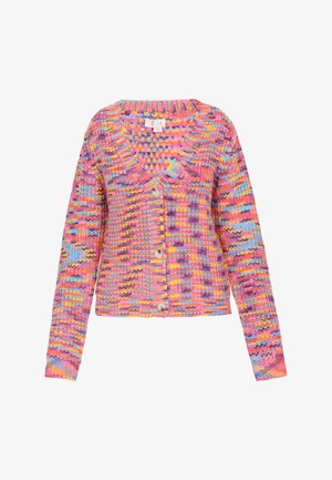 Neulecardigan, jossa on kirkkaan pinkki, sininen ja keltainen väritys, syvä V-pääntie, pitkät hihat ja viisi nappia edessä.