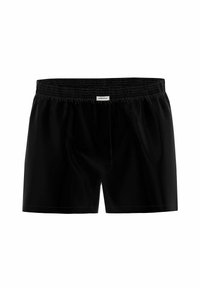 Black swim shorts made of lightweight fabric, featuring an elastic waistband, a front fly opening, and minimal stitching details.