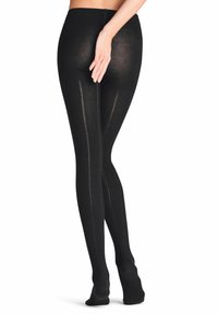 Schwarze, strukturierte Leggings mit vertikalen Rippenmustern und einem glatten Bund. Das Material scheint dehnbar und figurnah zu sein und bedeckt die Beine vollständig.