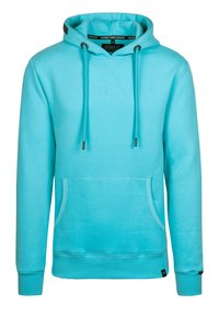 Turquoise hoodie made of soft fabric, featuring a front pocket, drawstring hood, ribbed cuffs, and embroidered logo on the chest.