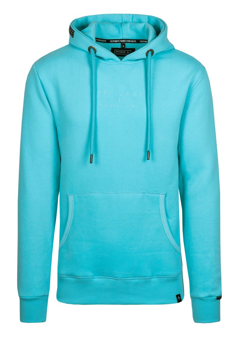Turquoise hoodie made of soft fabric, featuring a front pocket, drawstring hood, ribbed cuffs, and embroidered logo on the chest.