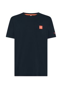 T-shirt blu navy in cotone con maniche corte, caratterizzato da un piccolo logo arancione sul petto e dal testo "FLEX" sulla manica sinistra.