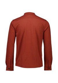 Rostfärgad långärmad skjorta med krage, knäppta manschetter och en slät yta. Inga synliga mönster. Bakifrån visad.