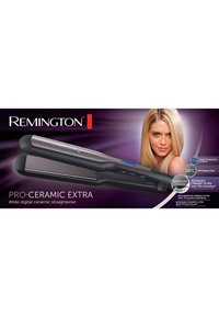 Le fer à lisser Remington Pro-Ceramic Extra avec des plaques en céramique larges, un affichage numérique et une poignée ergonomique noire. Température maximale de 230°C.