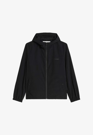 Black hooded jacket with front zipper, elastic cuffs, and two front flap pockets with snap buttons.